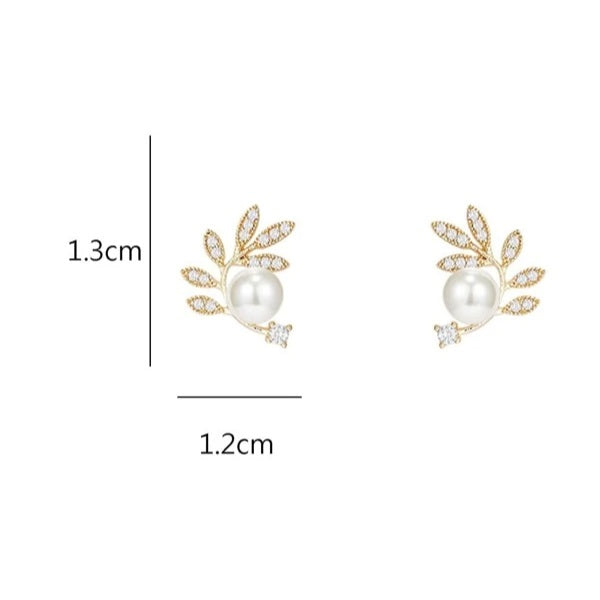 Korean Leaf Pearl Luxurious Rhinestone Stud Earring
