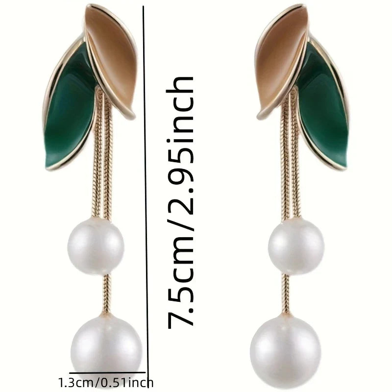 Korean Elegant Tassel Earrings with Pearl and Green Leaf Accents