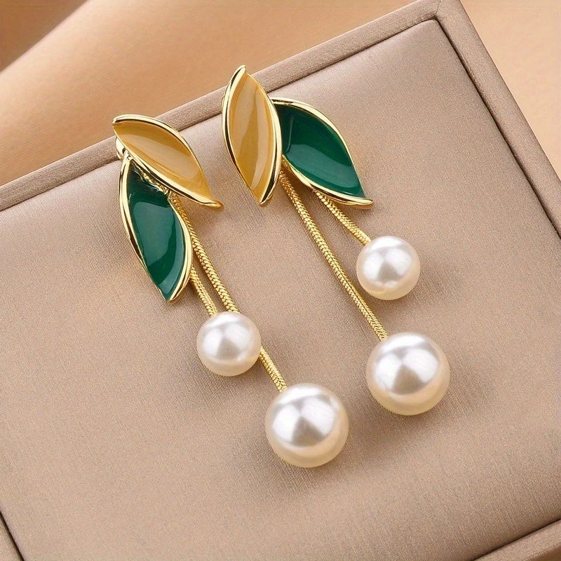 Korean Elegant Tassel Earrings with Pearl and Green Leaf Accents