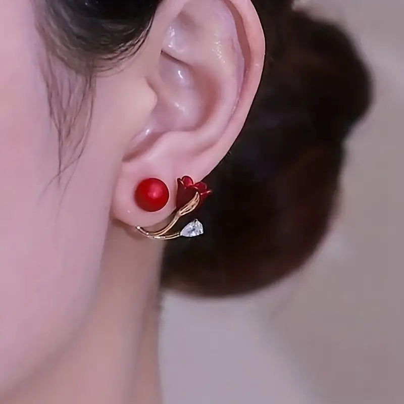 Red Flower Faux Pearl Earrings New Year Earrings For Women Party Favors