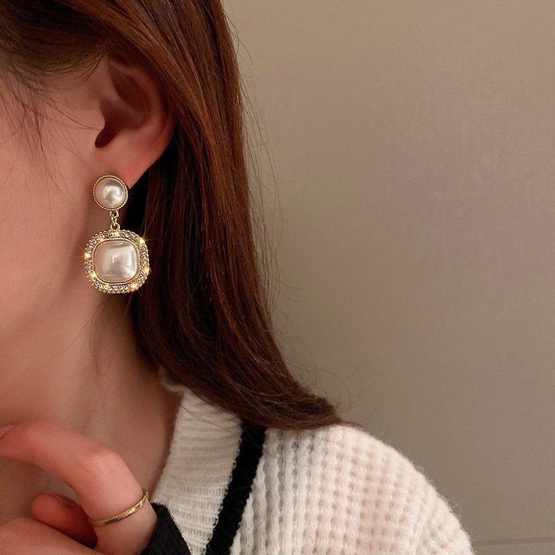 Pearl Drop Earrings | Shell Pearl Earrings with Sterling Silver Pins with small Diamond - Shine