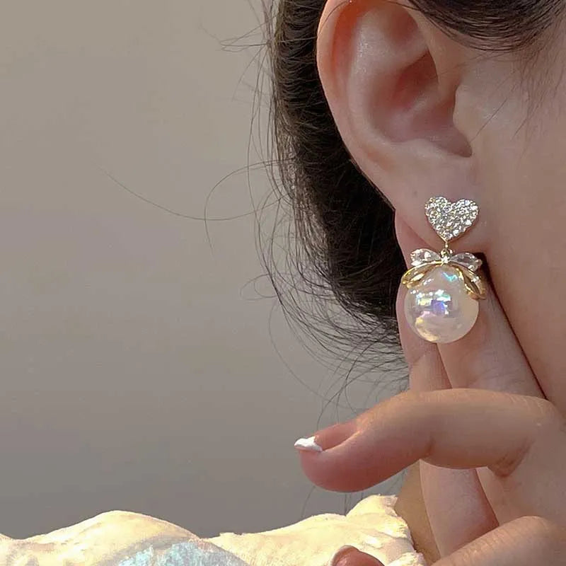 Korean Rhinestone Heart & Faux Pearl Decor Drop Earrings Gold