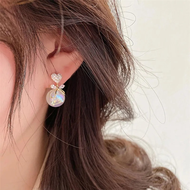Korean Rhinestone Heart & Faux Pearl Decor Drop Earrings Gold