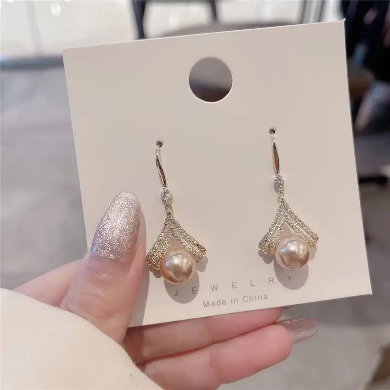 Korean Champagne Pearl Earrings, High-Grade Rhinestone drop Earring