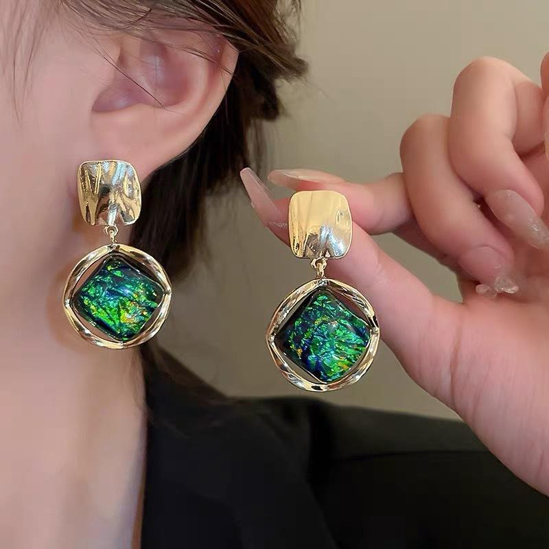 Korean Luxury Big Geometric Earrings for Women Gold Color Resin Stone Earring