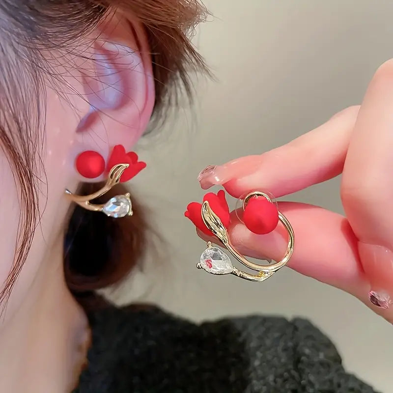 Red Flower Faux Pearl Earrings New Year Earrings For Women Party Favors