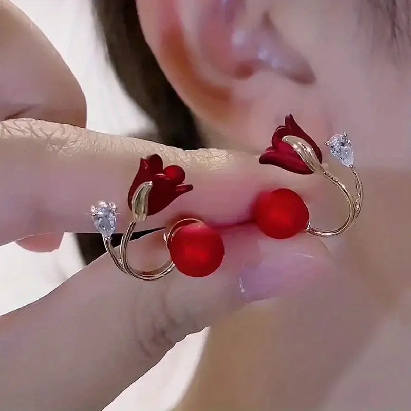 Red Flower Faux Pearl Earrings New Year Earrings For Women Party Favors